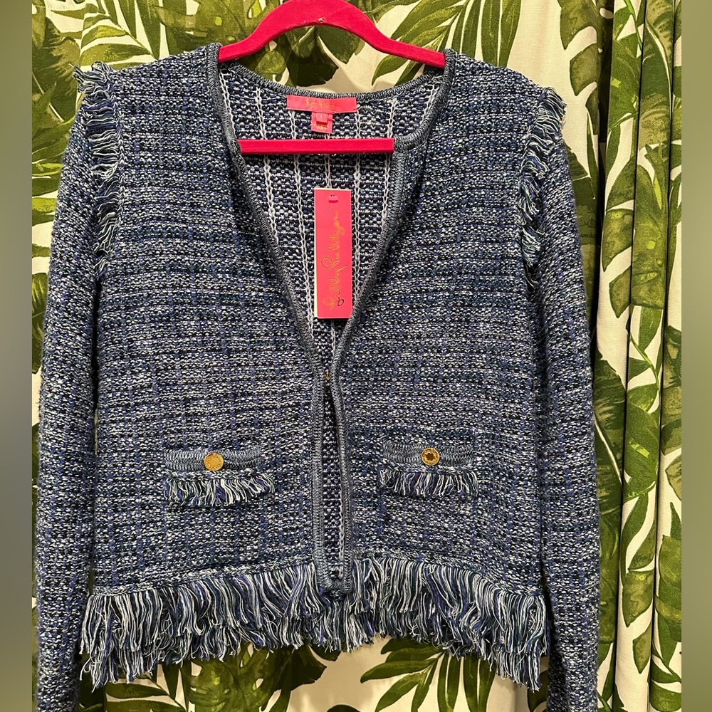 NWT Lilly Pulitzer Simora Fringe Cardigan Oyster Bay Navy Exotic Tweed Jacket